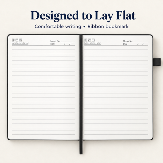 Corporate Notebook: lay-flat lined pages with ribbon bookmark