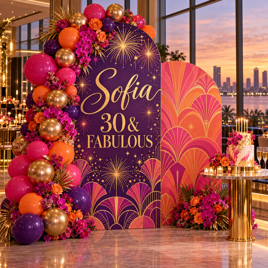 Colorful personalized foamboard birthday backdrop with balloons and flowers