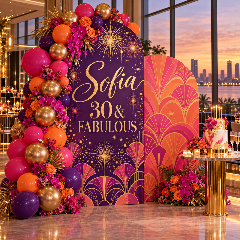 Colorful personalized foamboard birthday backdrop with balloons and flowers