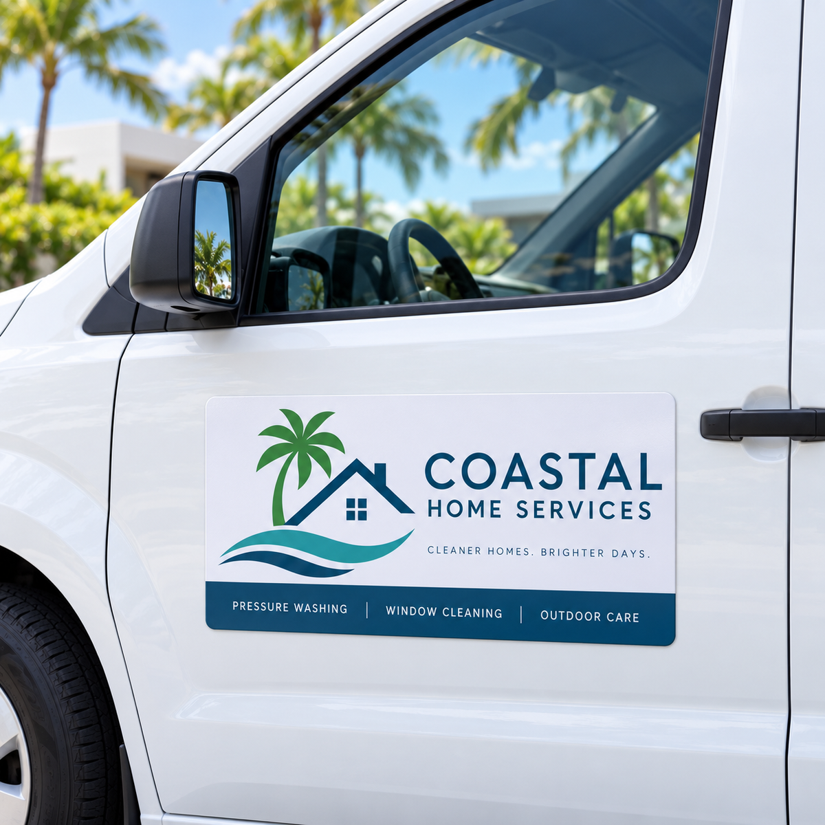Custom car magnet installed on a white vehicle door