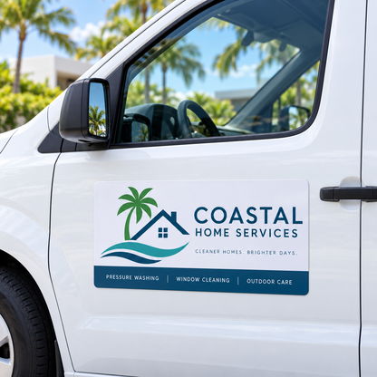 Custom car magnet installed on a white vehicle door