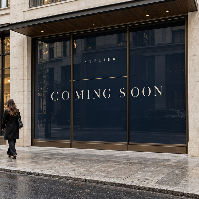 Luxury storefront with Coming Soon printed vinyl
