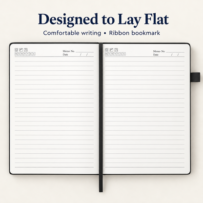 Corporate Notebook: lay-flat lined pages with ribbon bookmark