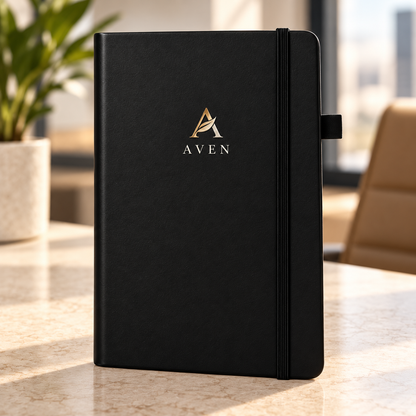Corporate Notebook with sample AVEN logo in UV DTF
