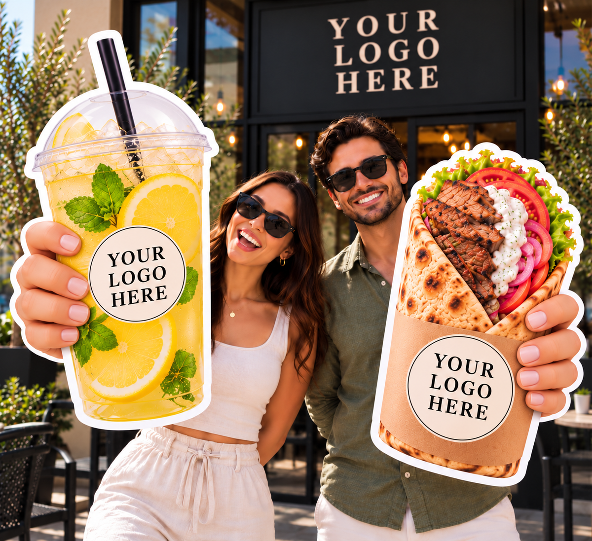 Giant Hand custom foamboard photo props featuring a drink and sandwich with YOUR LOGO HERE
