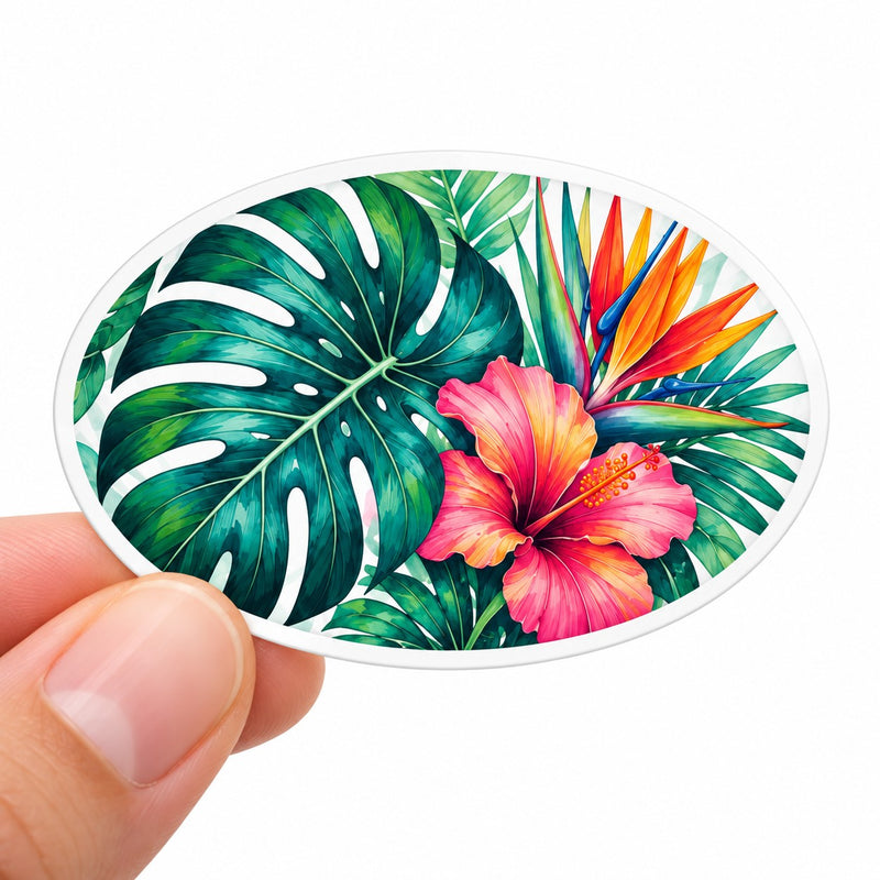 Oval floral vinyl sticker held between fingers