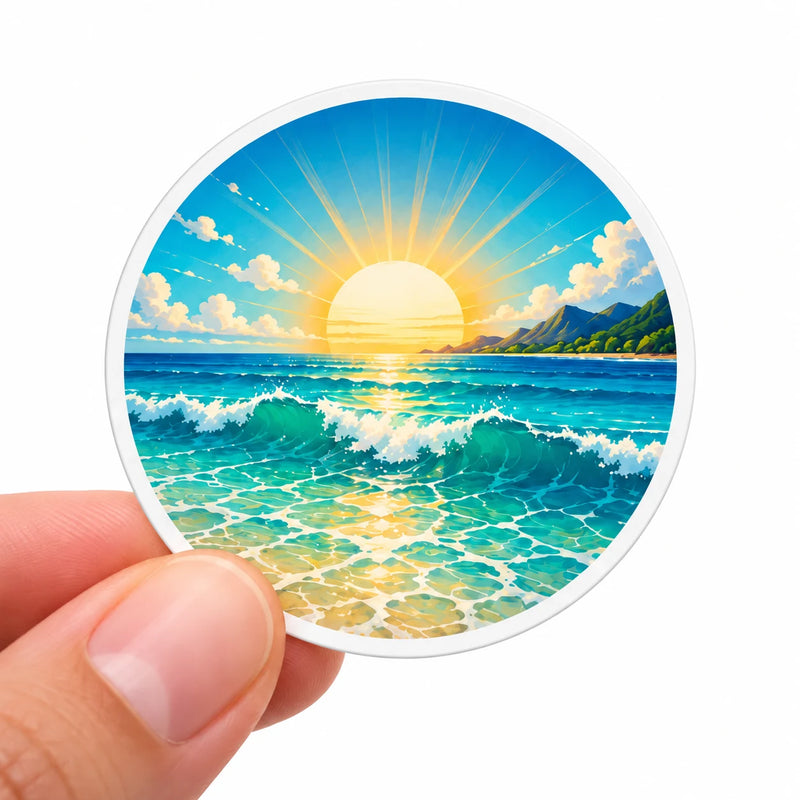 round printed vinyl sticker held between fingers