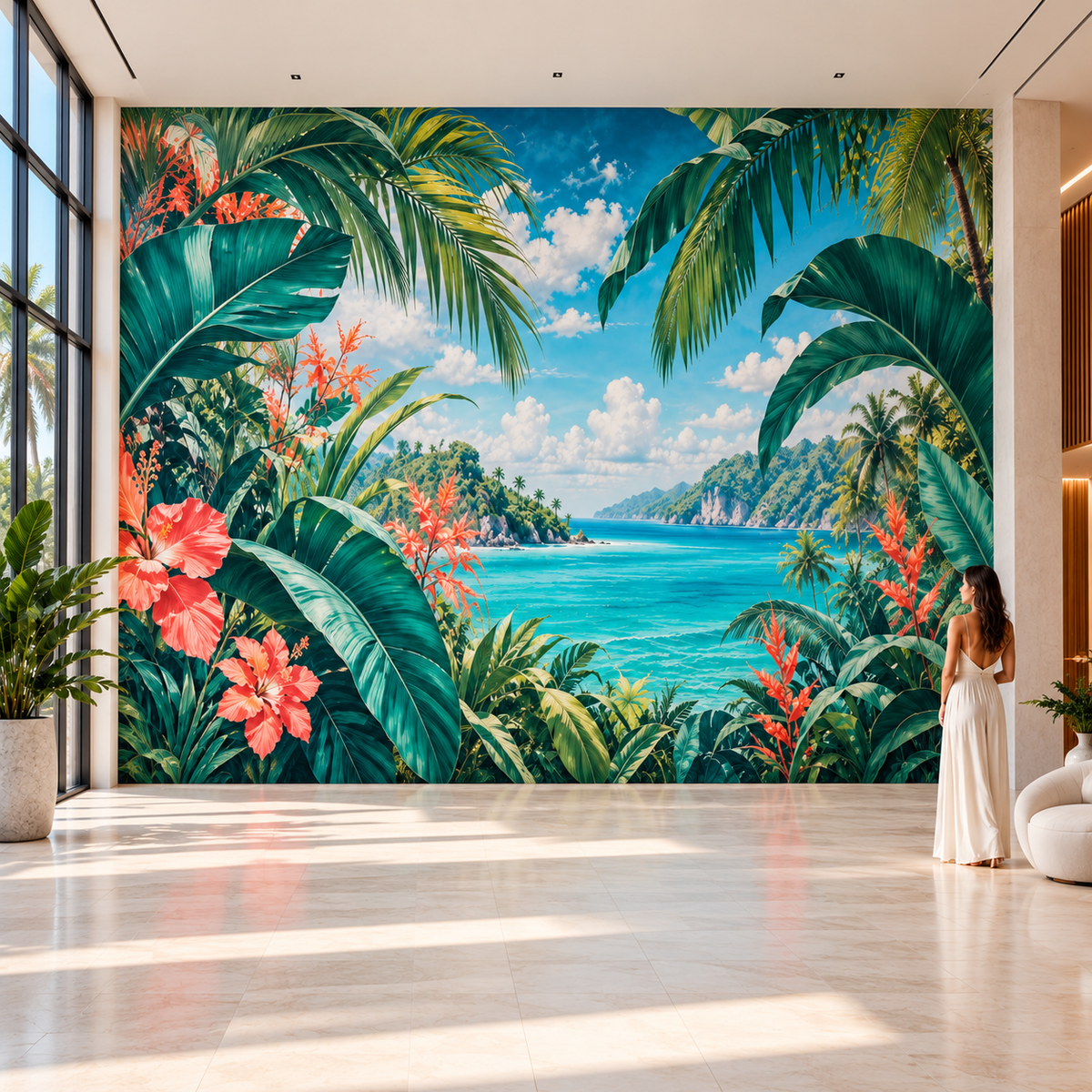 Imposing tropical wall mural in an elegant modern interior with a woman showing its scale