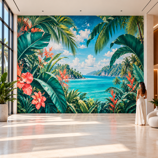 Imposing tropical wall mural in an elegant modern interior with a woman showing its scale
