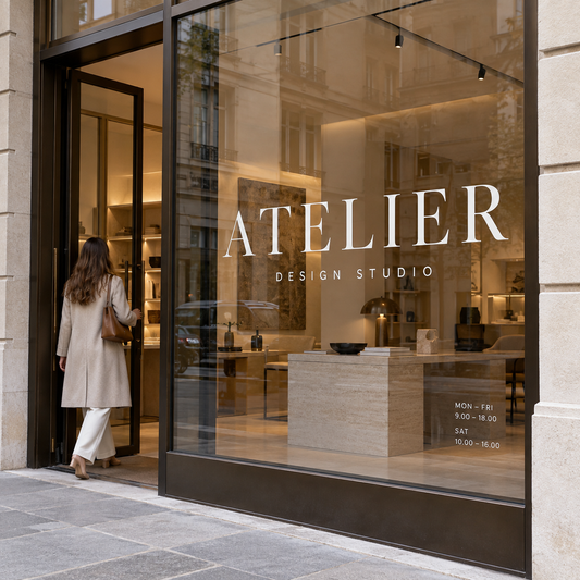 White cut vinyl window lettering on a premium retail storefront