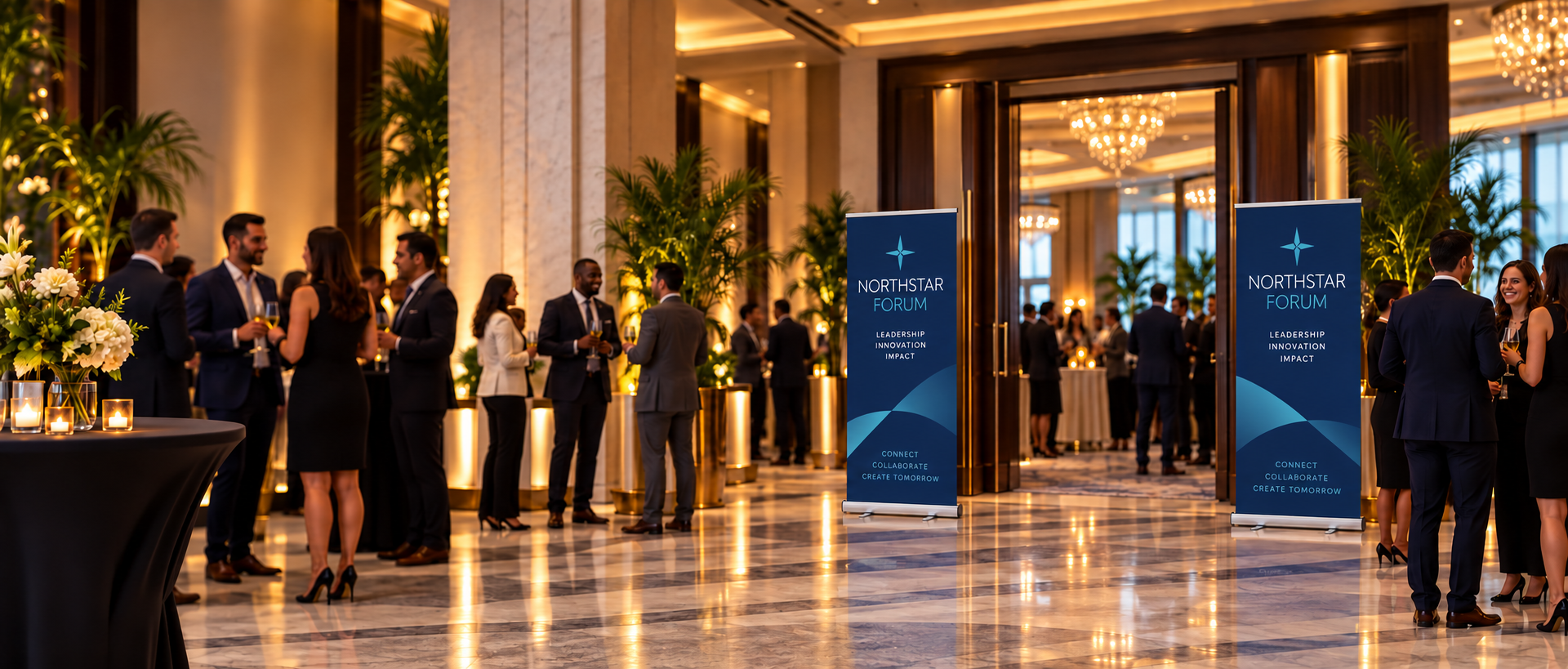 Elegant retractable banners welcoming guests at a Miami waterfront event