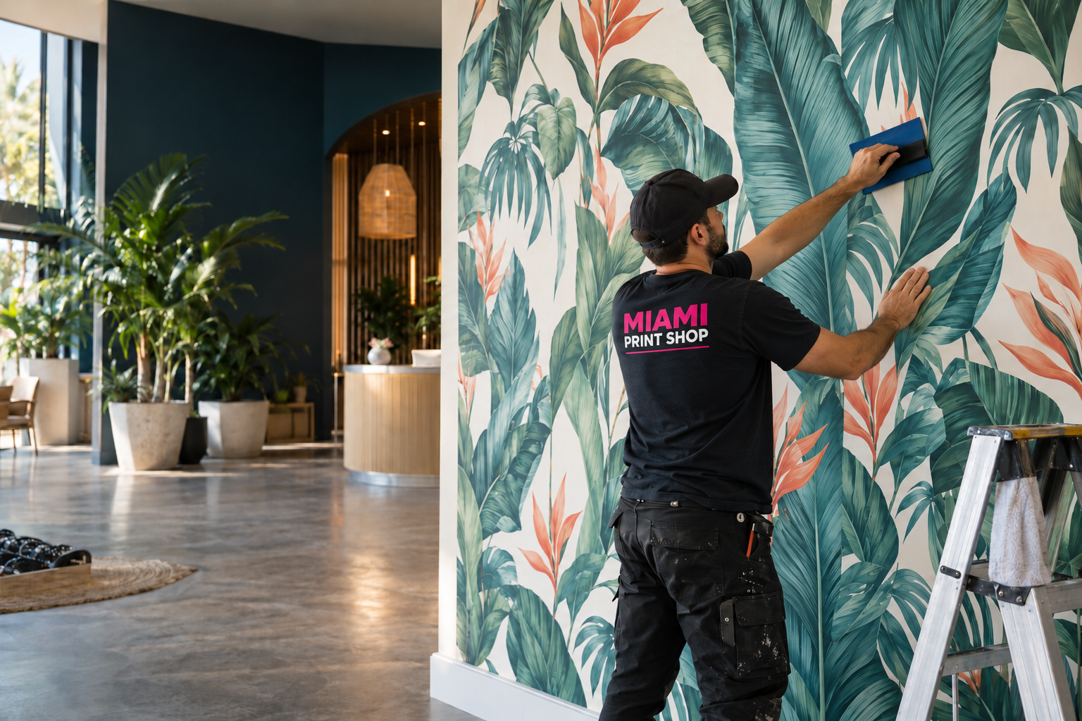 Miami Print Shop installer smoothing professionally installed custom wallpaper