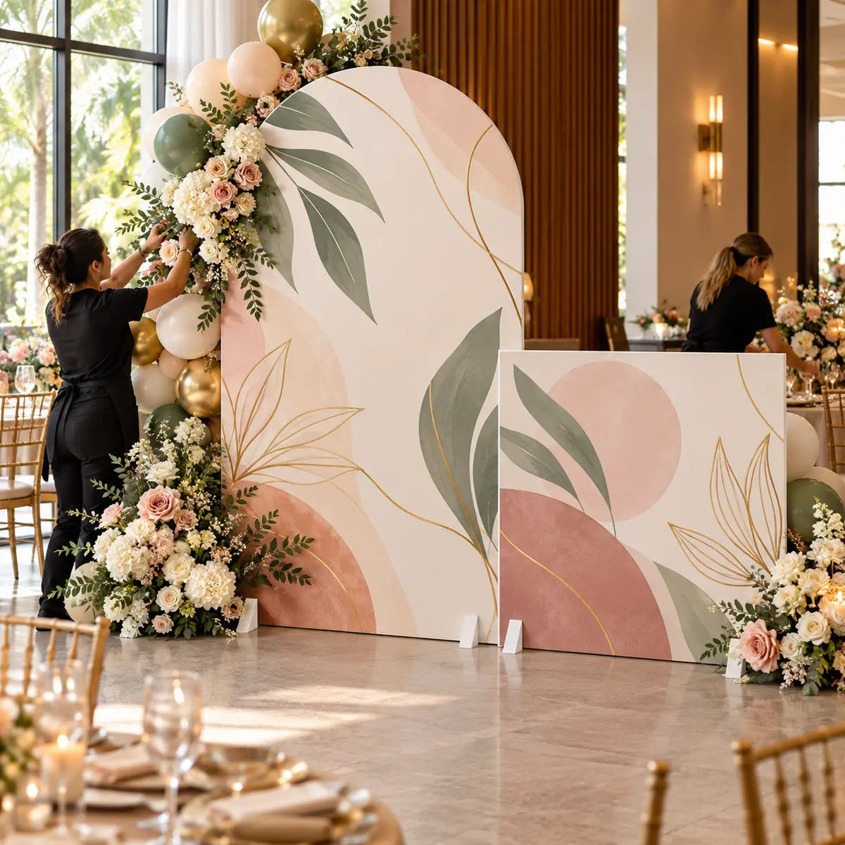 Elegant custom foamboard backdrops at a professionally decorated event
