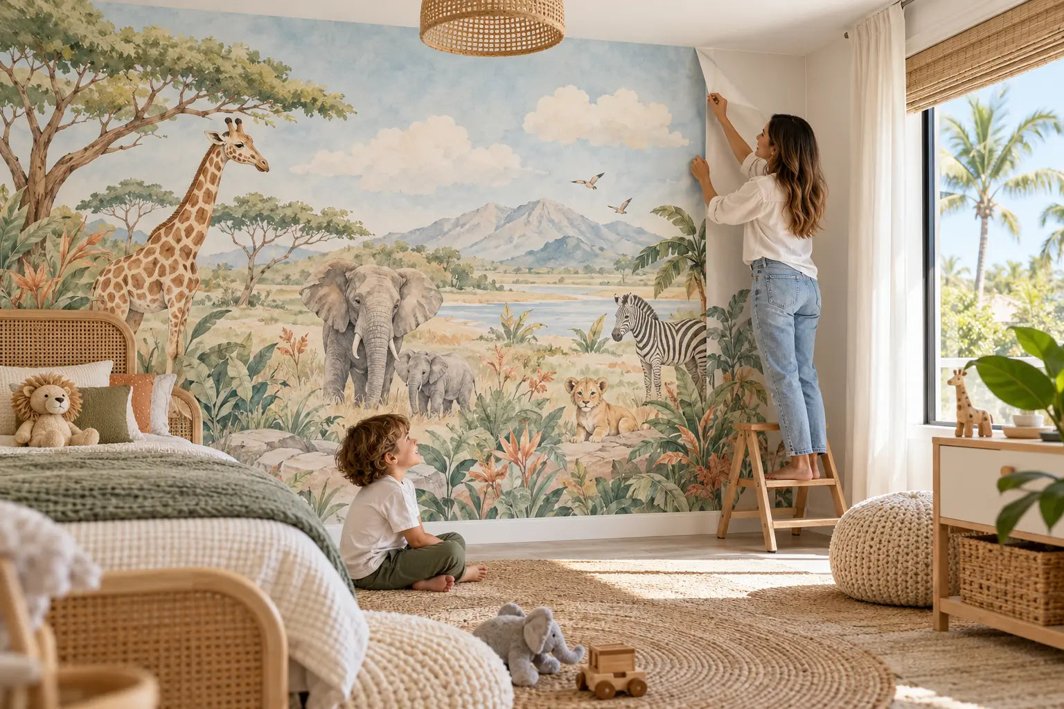 Parent installing a peel-and-stick safari mural in a child's bedroom