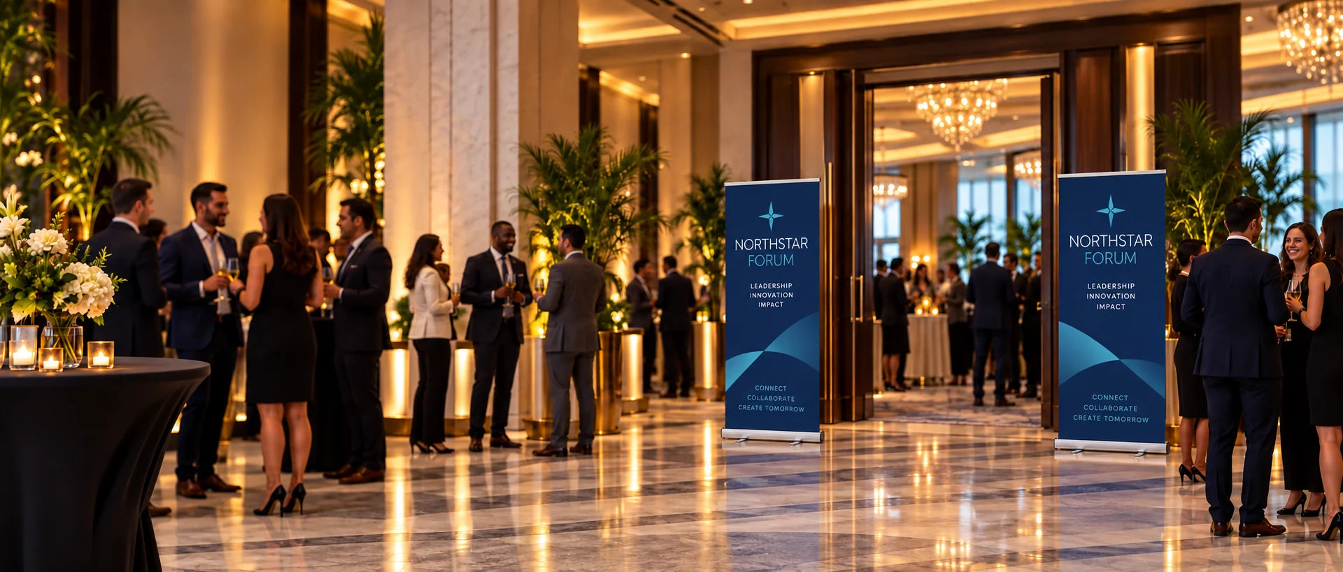 Elegant retractable banners welcoming guests at a Miami waterfront event