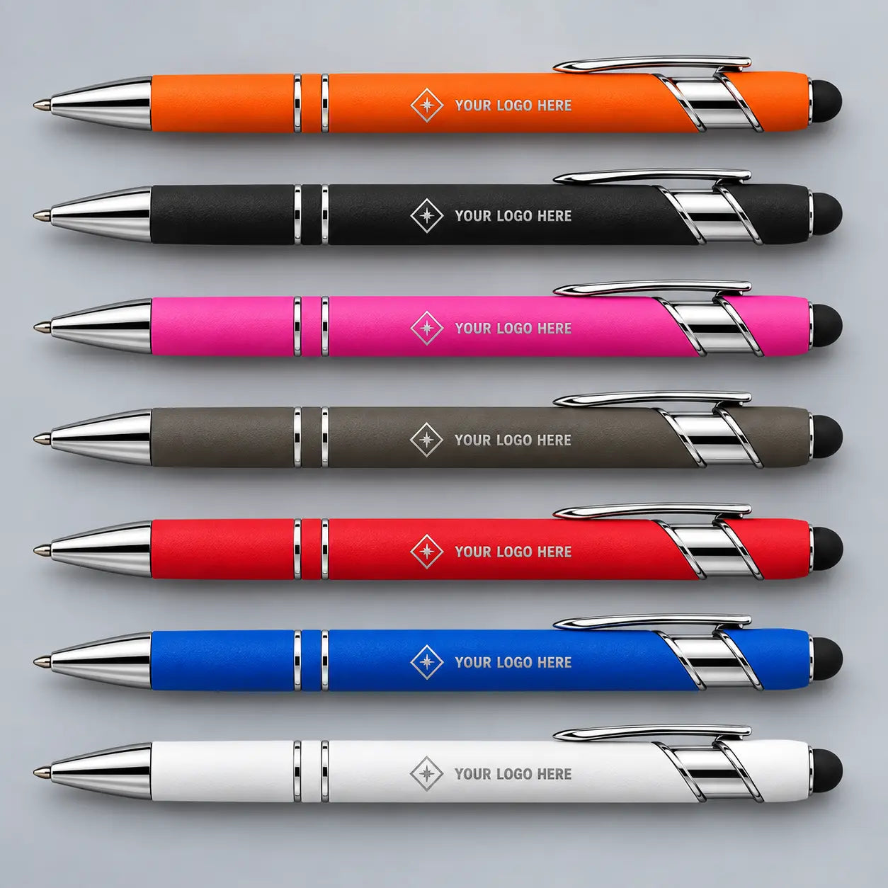 Seven available matte stylus pen colors with horizontal Your Logo Here laser engraving