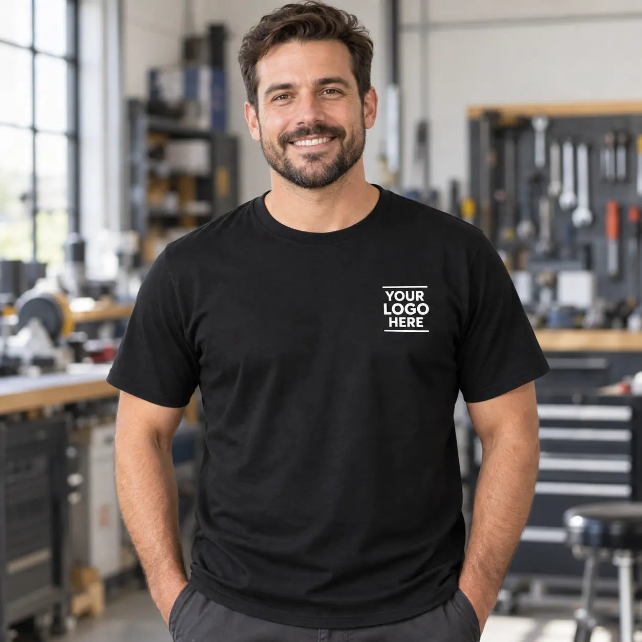 Worker wearing a black uniform T-shirt with a generic left-chest logo placement