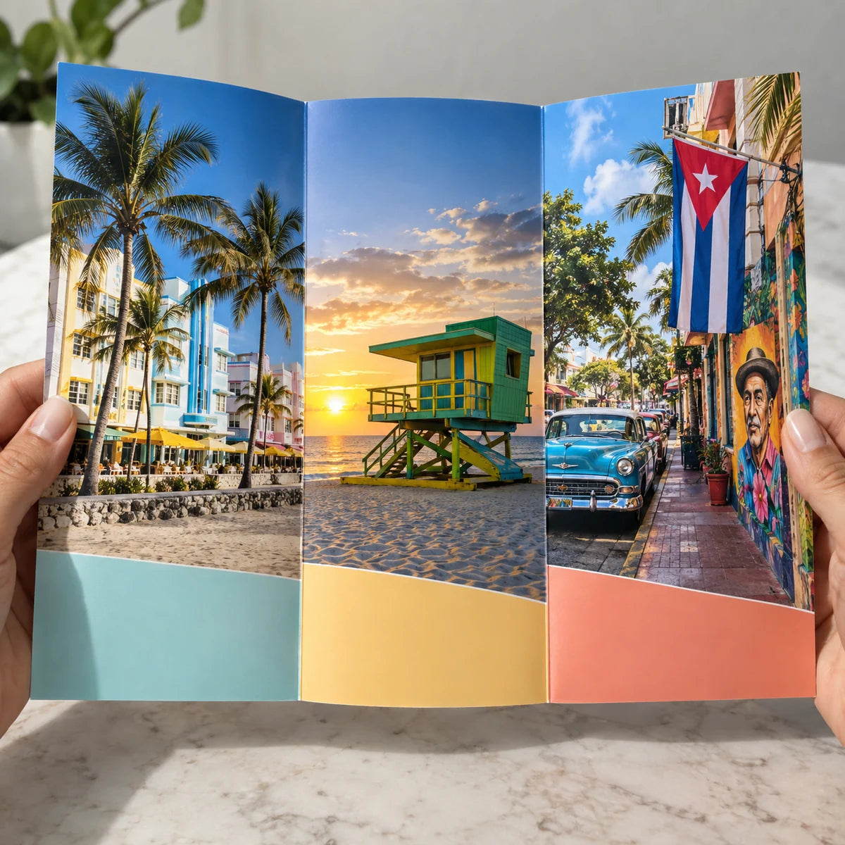 Sample open tri-fold brochure with Miami scenes